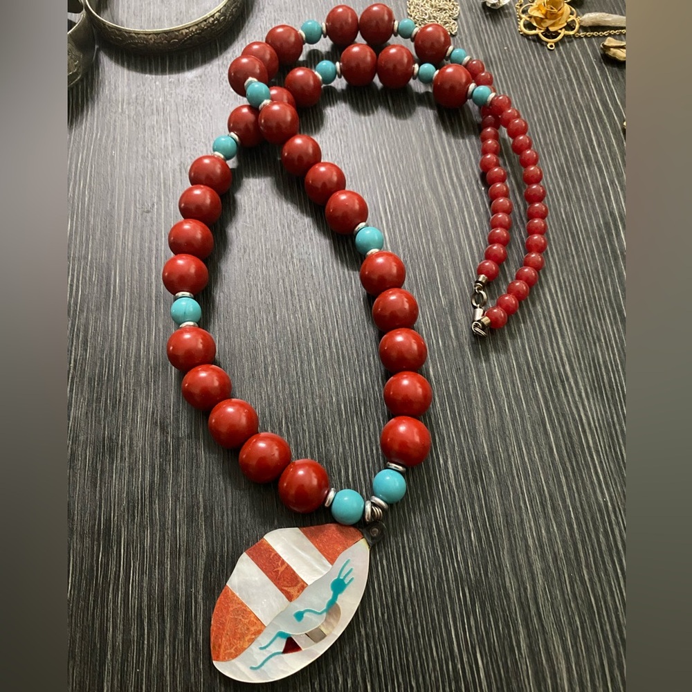 Bold Red and Turquoise Beaded Necklace with Inlaid Pendant